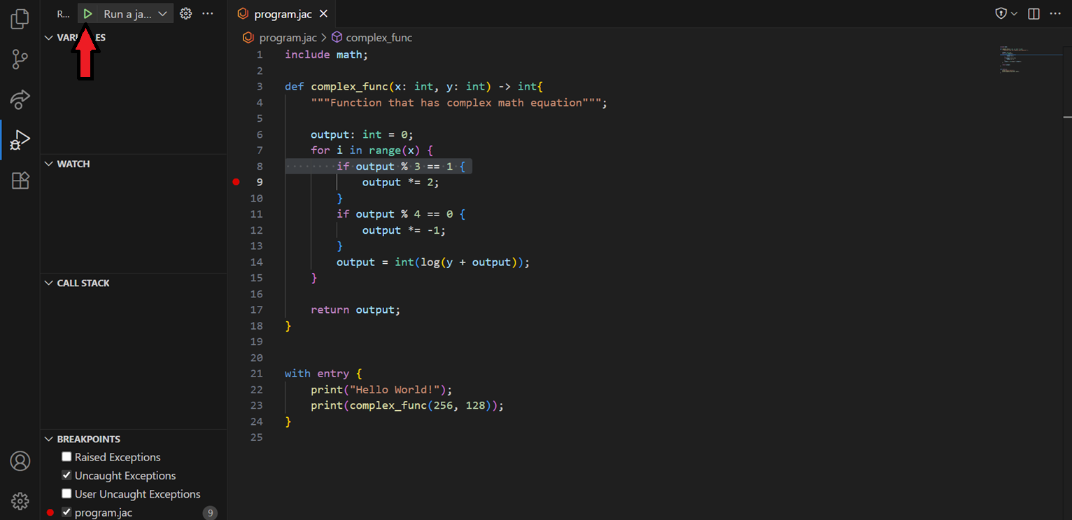 Example of running debugger